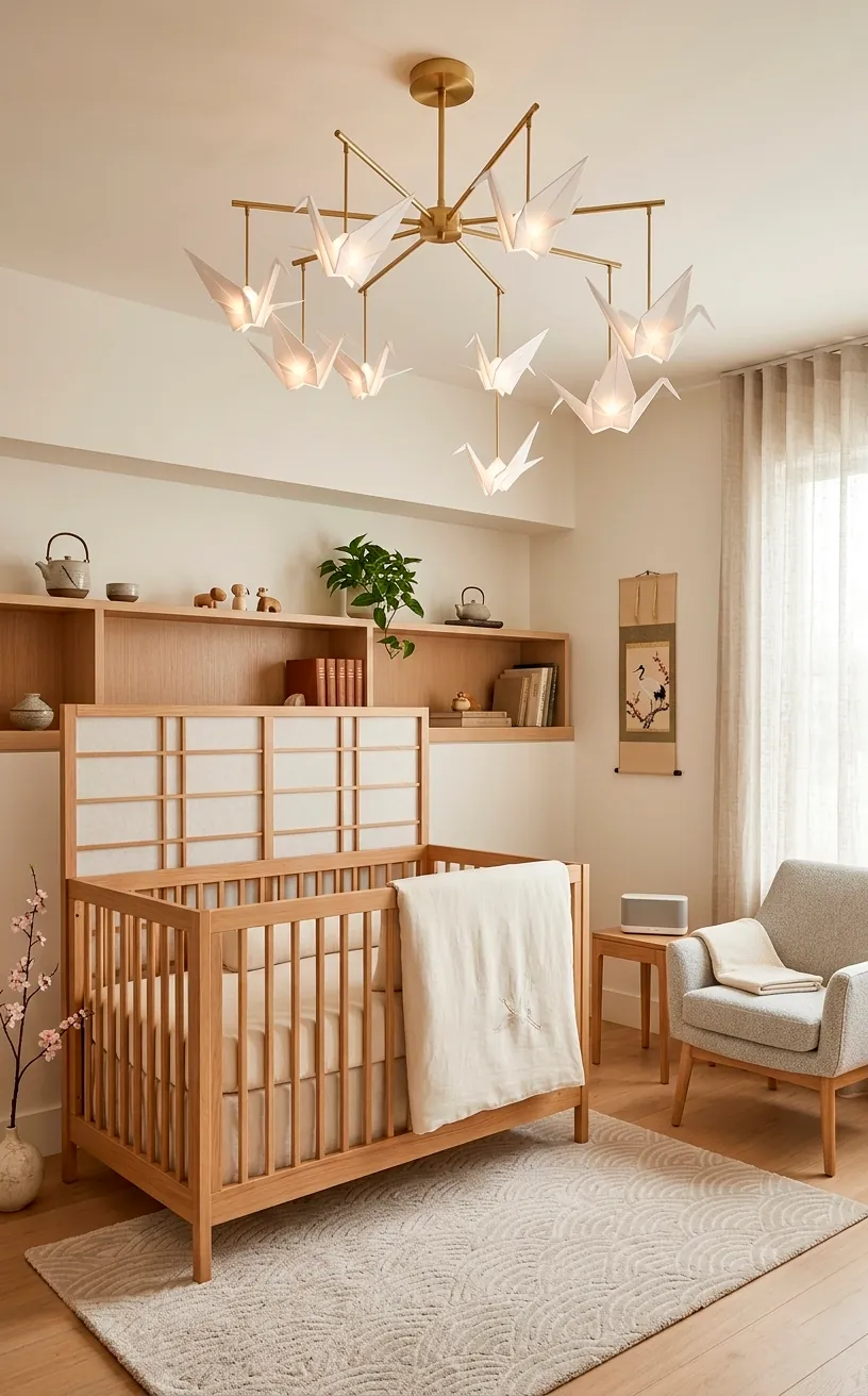 Origami crane chandelier in a Japanese-inspired luxury nursery with oak accents.