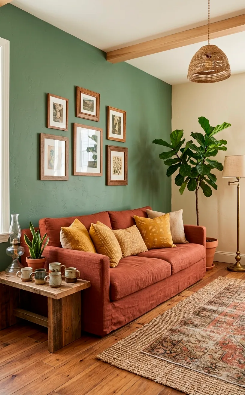 Living room featuring a sage green wall and terracotta furniture with earthy accents.