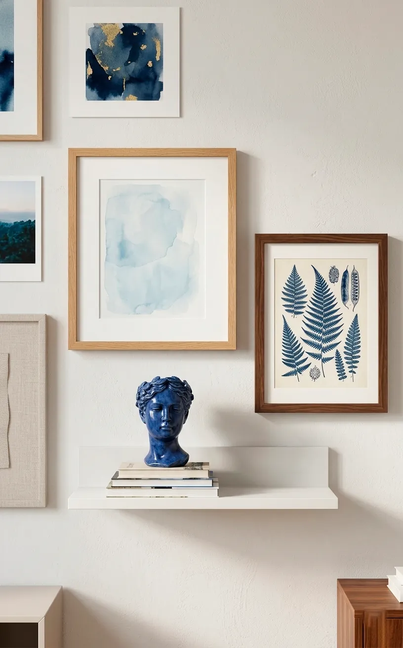 Gallery wall detail with blue abstract watercolor and botanical prints.