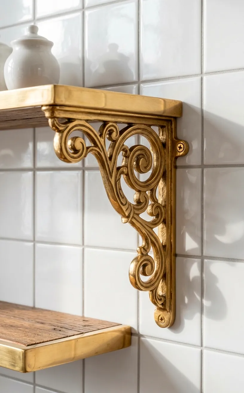 Close-up of an intricate brass shelf bracket supporting a wooden shelf against white tile.