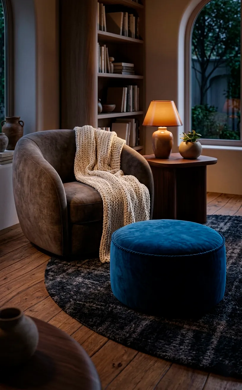 Curved furniture and soft textiles used to neutralize sharp corners in a studio.