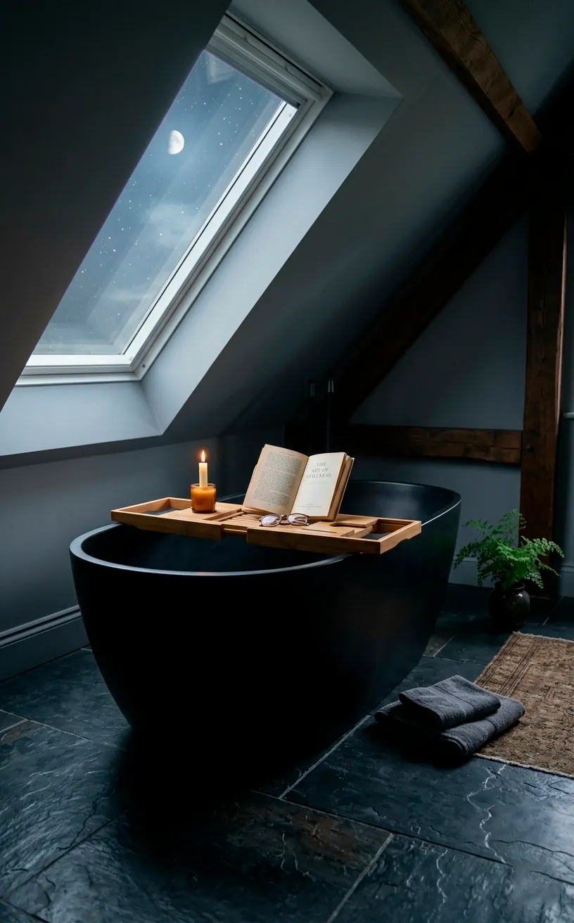 Black freestanding soaking tub under a sloped attic ceiling with a bamboo bath caddy.