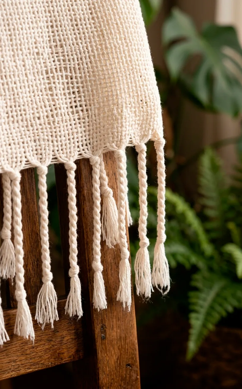Close-up of the fringe and texture of a lightweight cotton boho throw blanket.