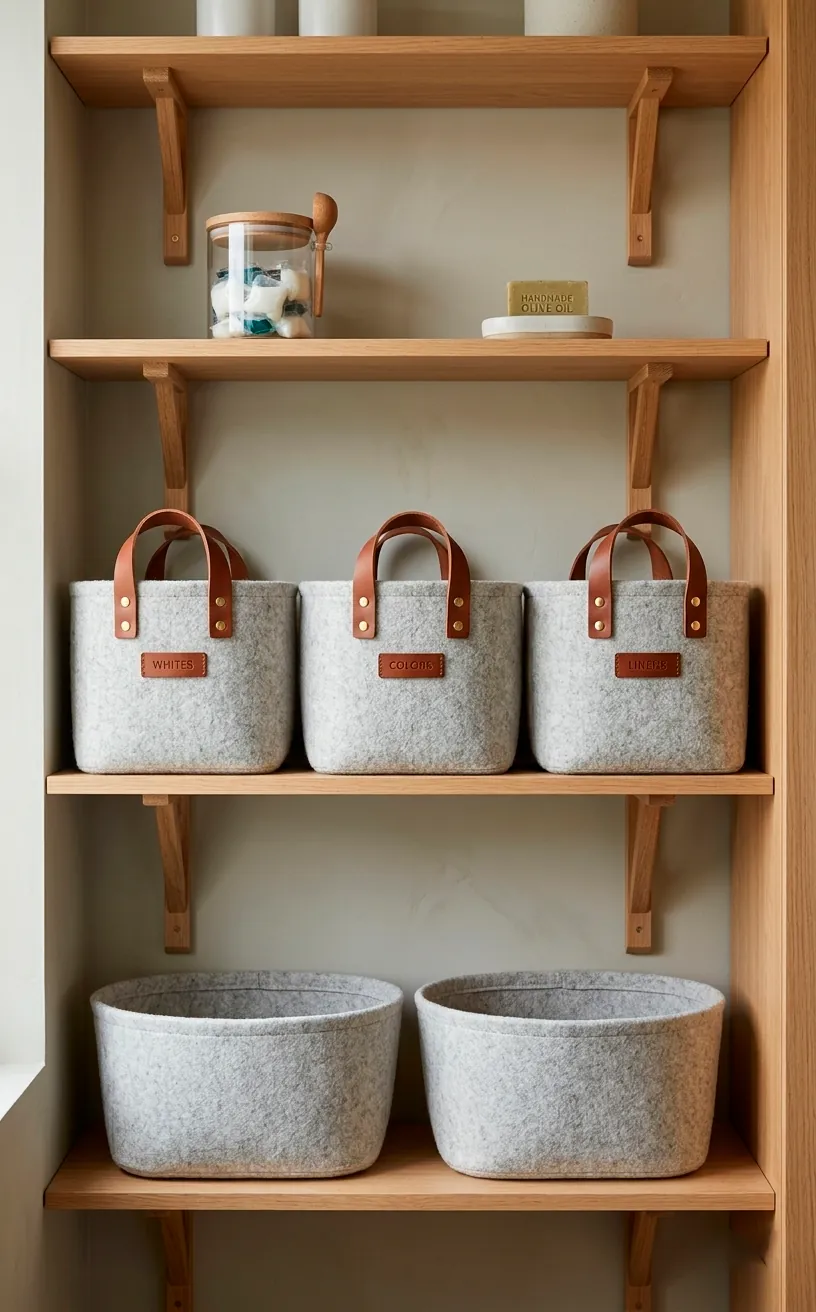 Scandi-style grey felt baskets with leather handles on a wooden laundry shelf.