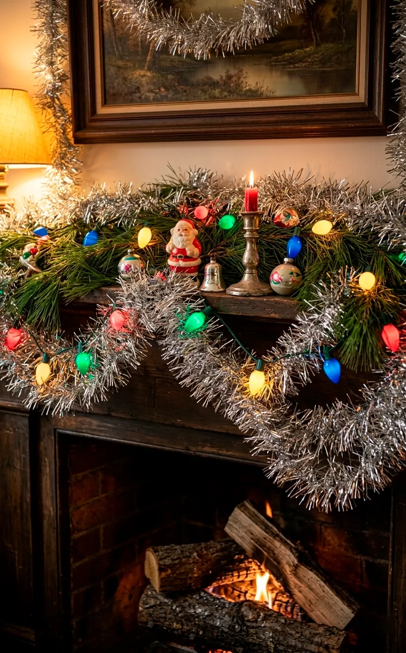Shimmering silver tinsel garland draped over a fireplace mantel with pine branches.