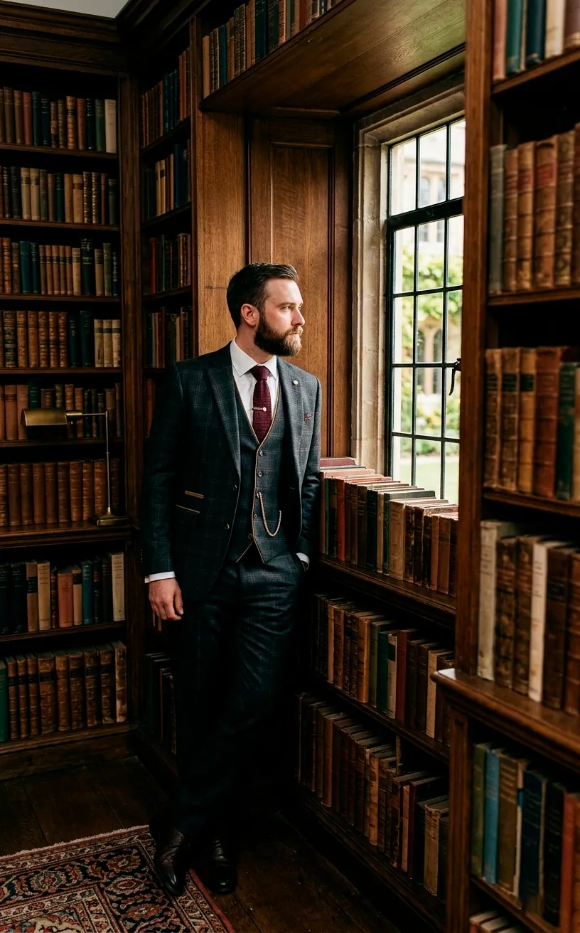 A groom in a charcoal wool suit and burgundy tie standing in a vintage library.