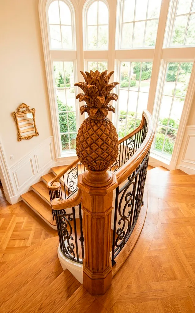 Hand-carved wooden pineapple finial on a traditional honey oak staircase post.
