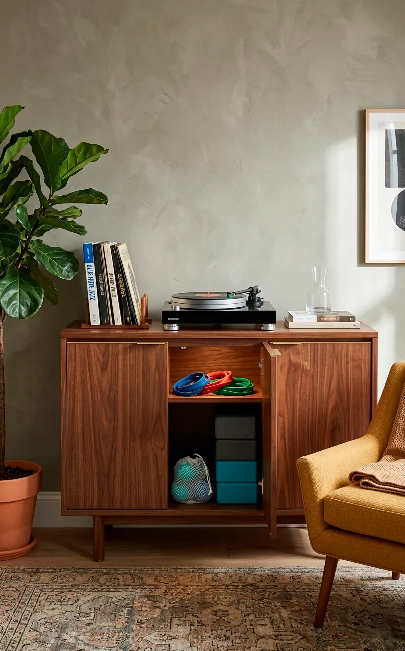 Modern credenza used for storing fitness gear alongside living room decor.