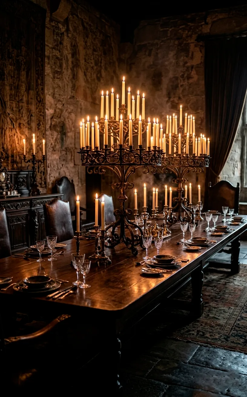 Wrought iron candelabra with lit candles on a rustic dining table.