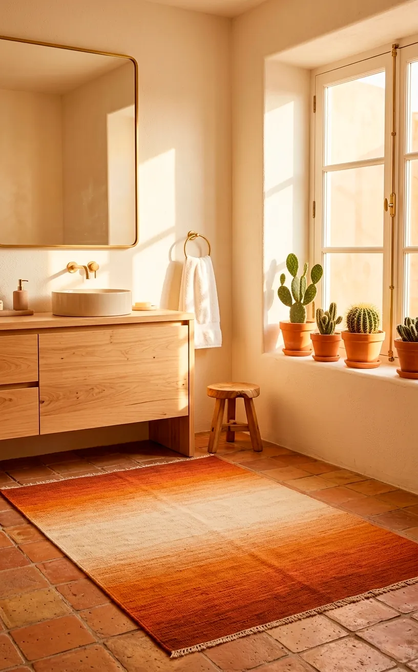 Sunset ombre kilim rug in a sunny bathroom with light wood vanity and cacti decor.