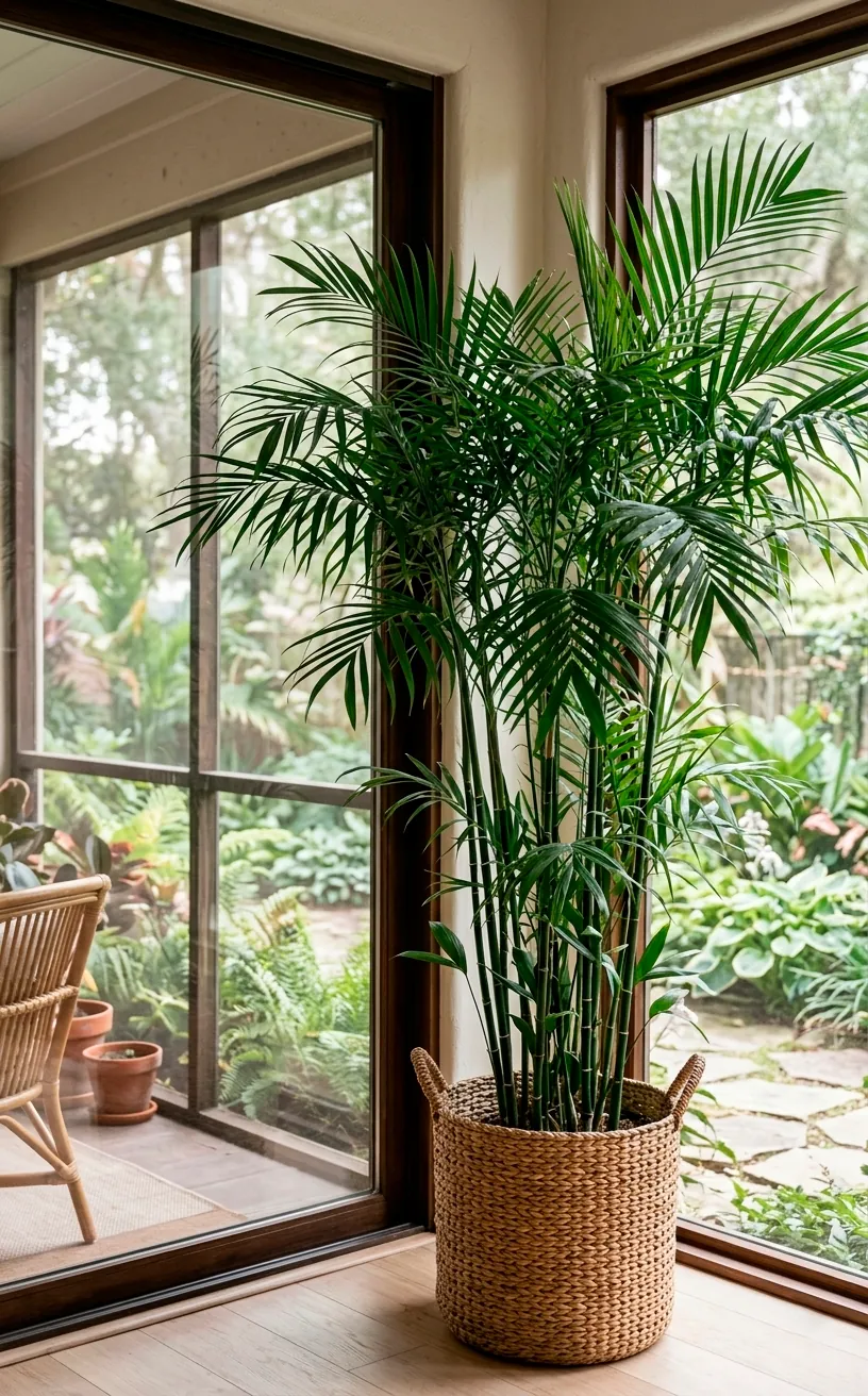 Bamboo Palm in a seagrass basket on a screened-in porch.