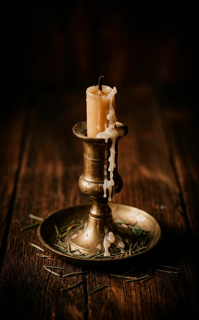 Close-up of an antique brass candlestick with wax drips and pine needles.