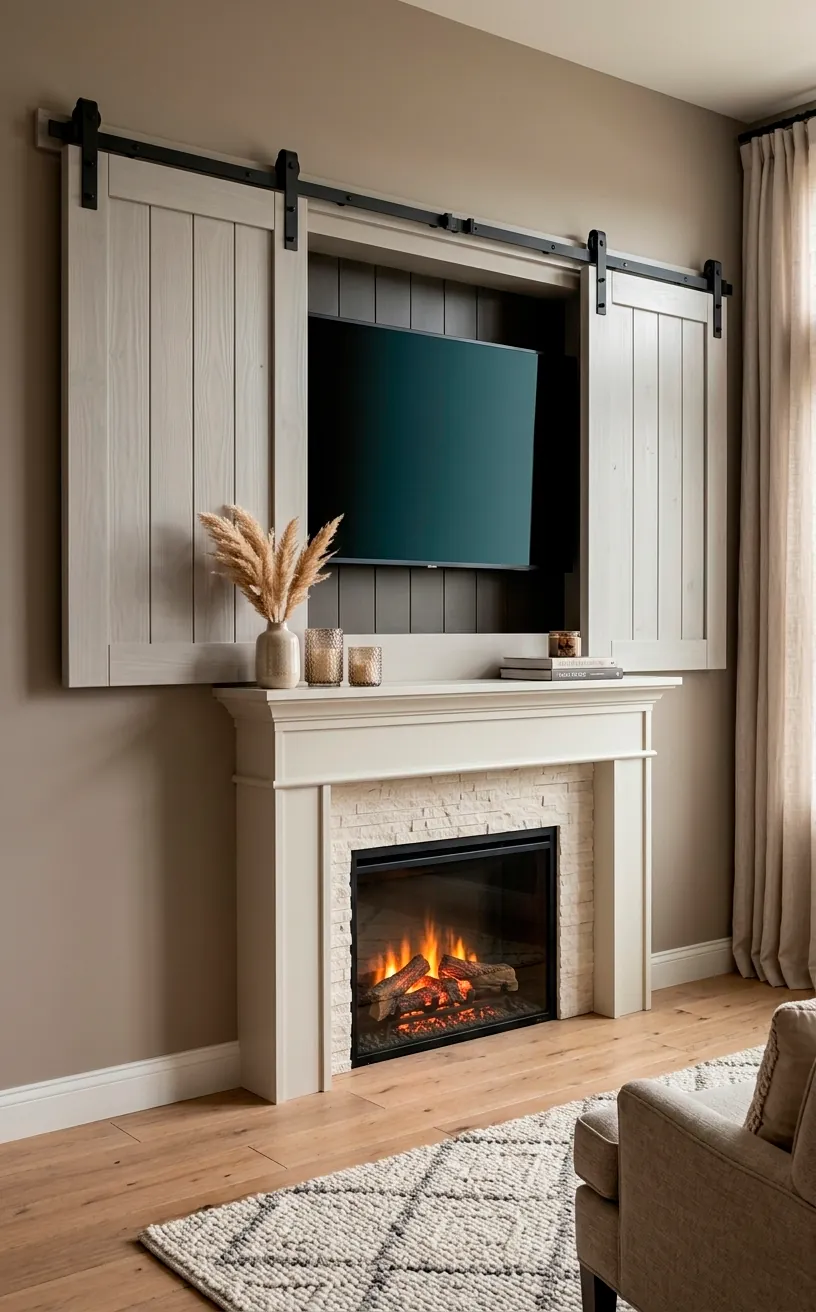 Sliding wood panels partially hiding a TV screen above a home fireplace.