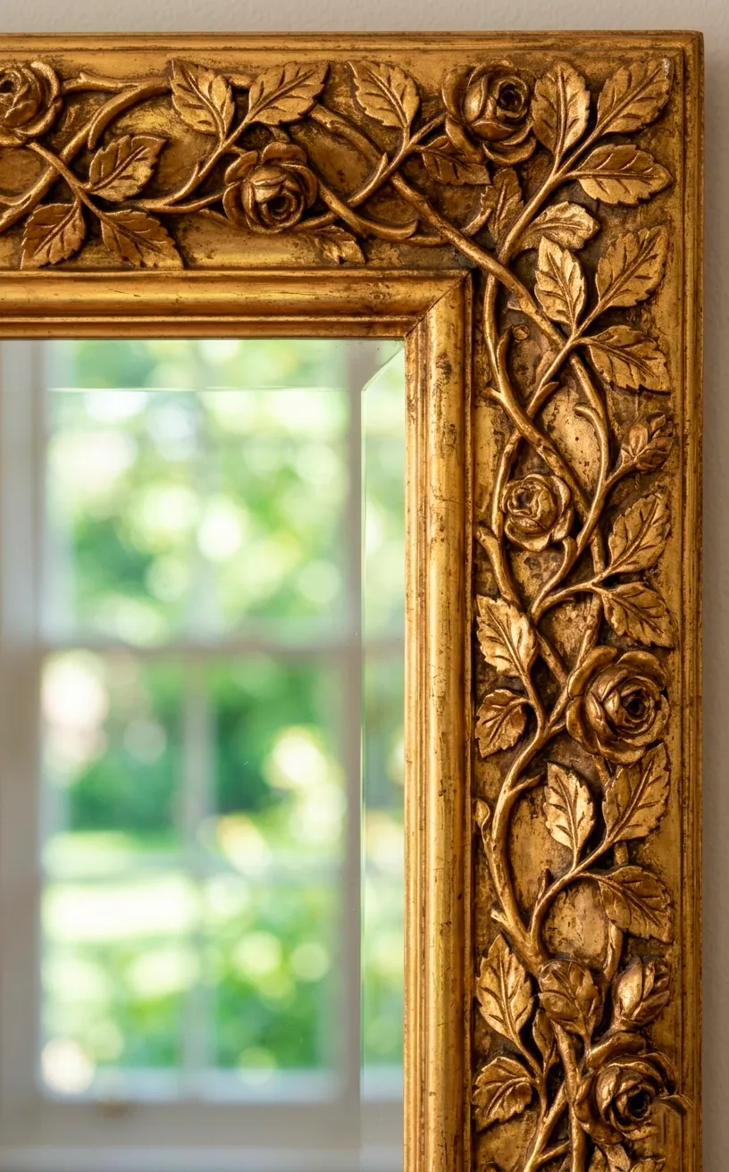 Close-up of intricate gold carvings on an antique French mirror frame.