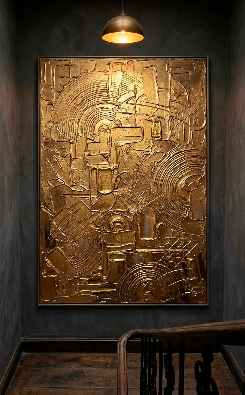 Large abstract charcoal and gold canvas art on a staircase accent wall.