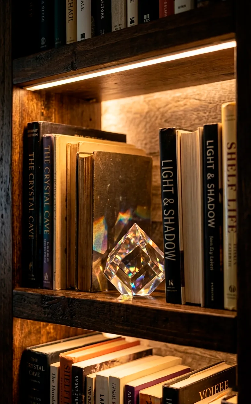 Hidden LED shelf lighting highlighting book spines and a crystal decorative object.