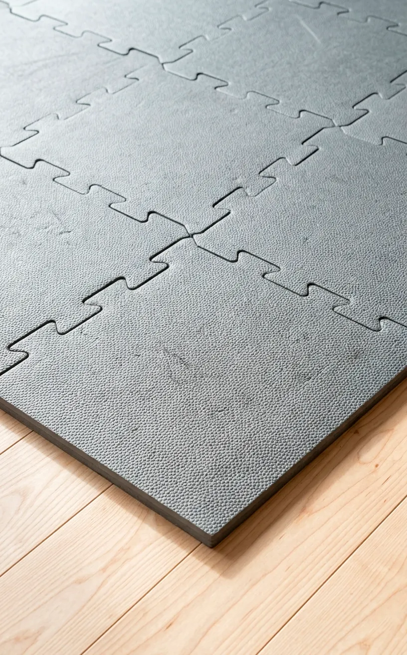 Close-up of interlocking rubber gym tiles on a light wood floor in a home gym.