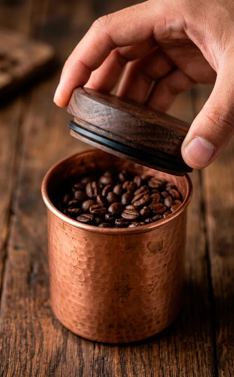 Hand opening a copper canister filled with coffee beans, showing the airtight seal.