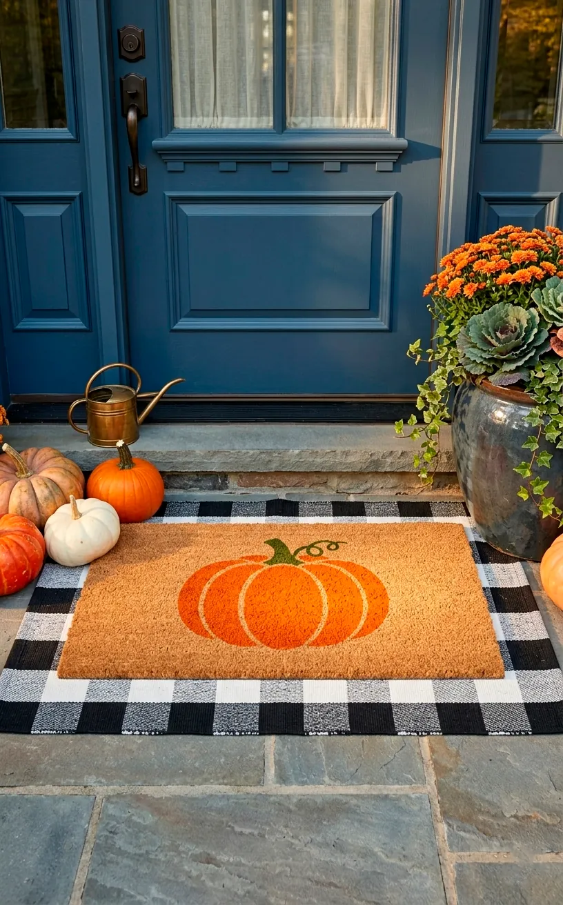 Hand-stenciled pumpkin coir mat layered over a plaid rug.