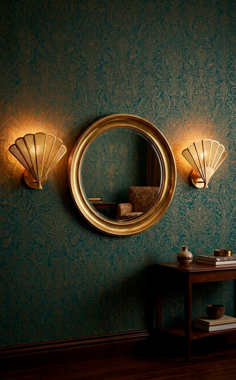 Brass fan-shaped wall sconces providing warm lighting next to a mirror.