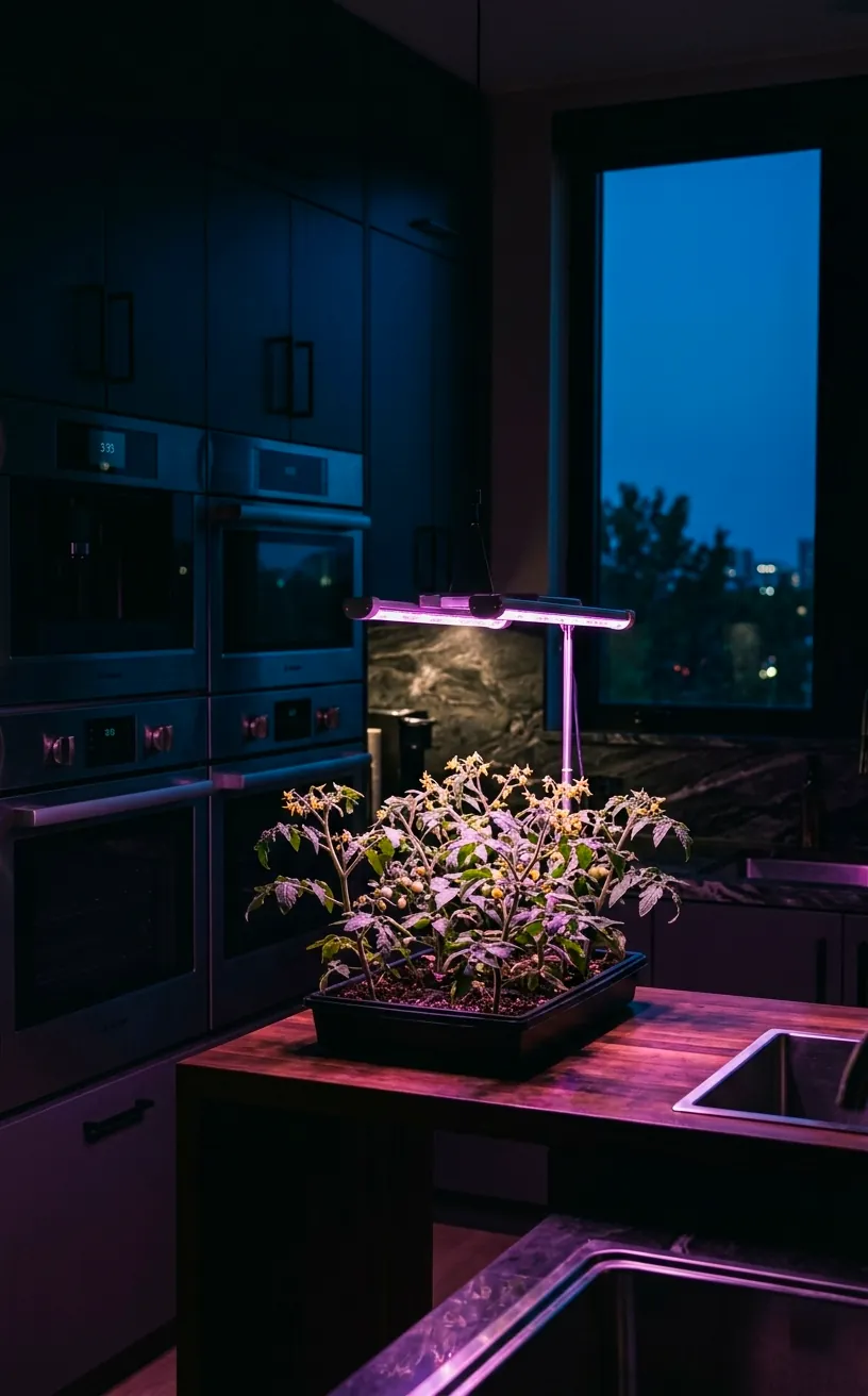 Red and blue spectrum LED grow light emitting a purple glow over tomato plants in a dark kitchen.