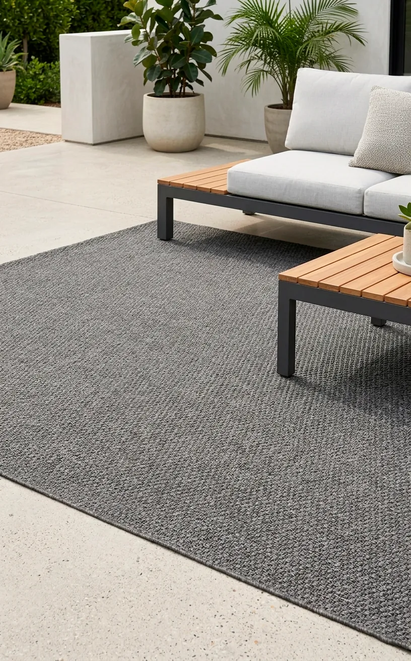 Charcoal grey outdoor rug with geometric texture on a concrete patio.