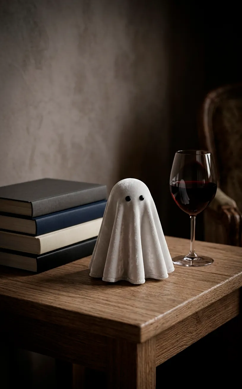 Close up of a plush white velvet ghost decoration on a wooden side table