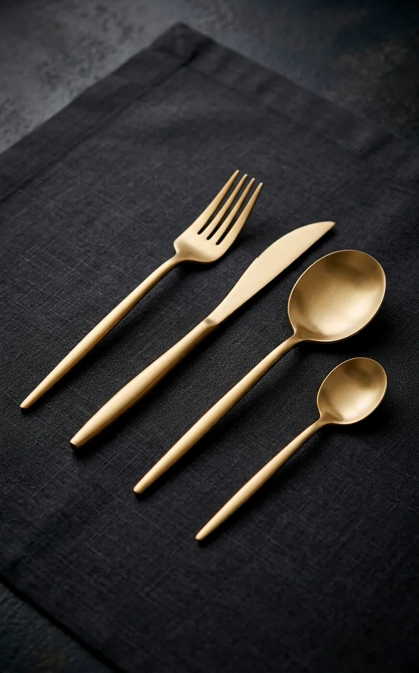 Modern brushed gold cutlery set on a dark grey placemat.