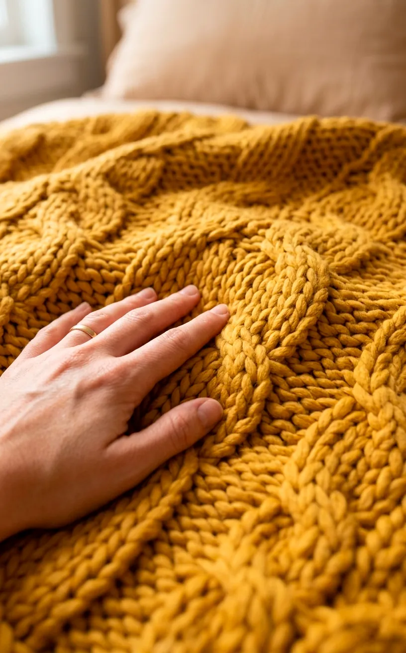 Close-up of a thick mustard yellow knit blanket texture showing the cotton yarn loops.