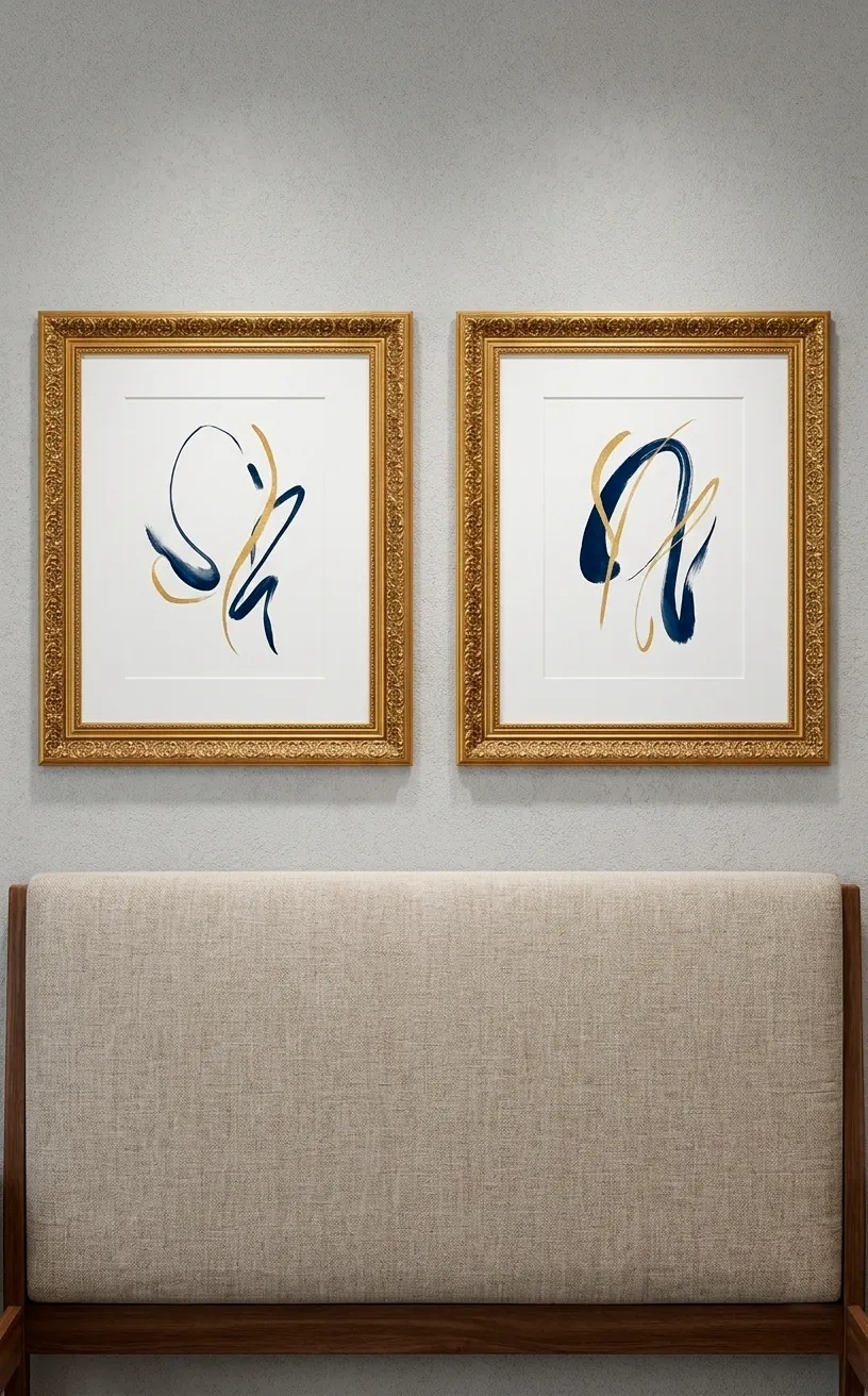 Symmetrical abstract art diptych in gold frames above a bed.