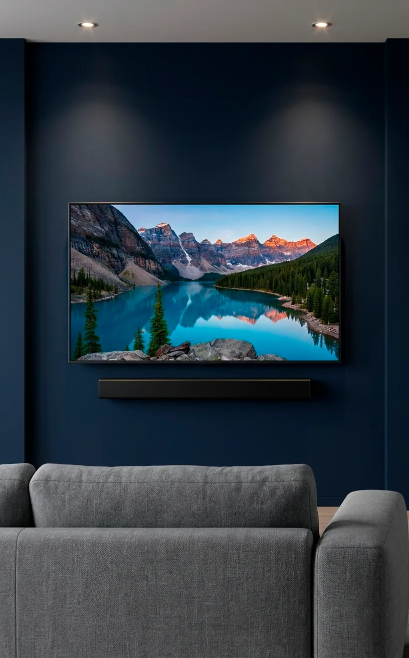 Symmetrical TV wall with a black soundbar mounted beneath the screen on a navy blue wall.