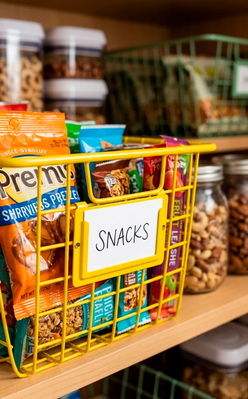 Yellow magnetic label holder on a wire pantry basket.