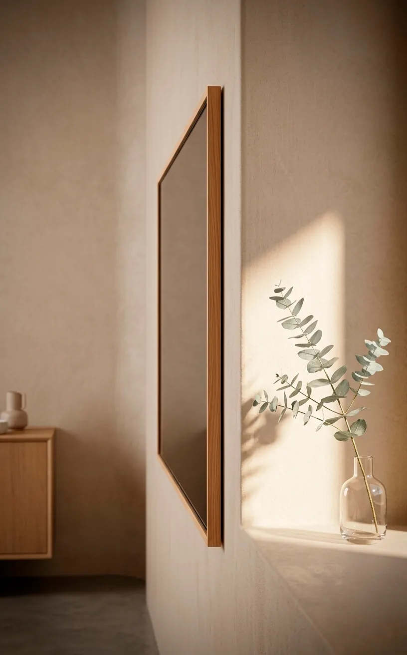 Side profile of a thin TV with a wooden frame flush against a wall.