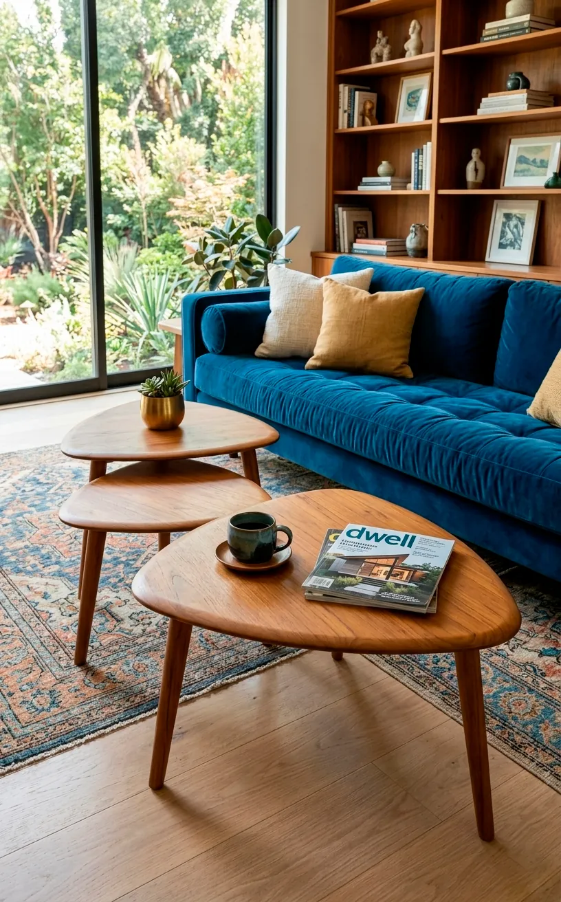 Set of three teak nesting coffee tables arranged in a living room.