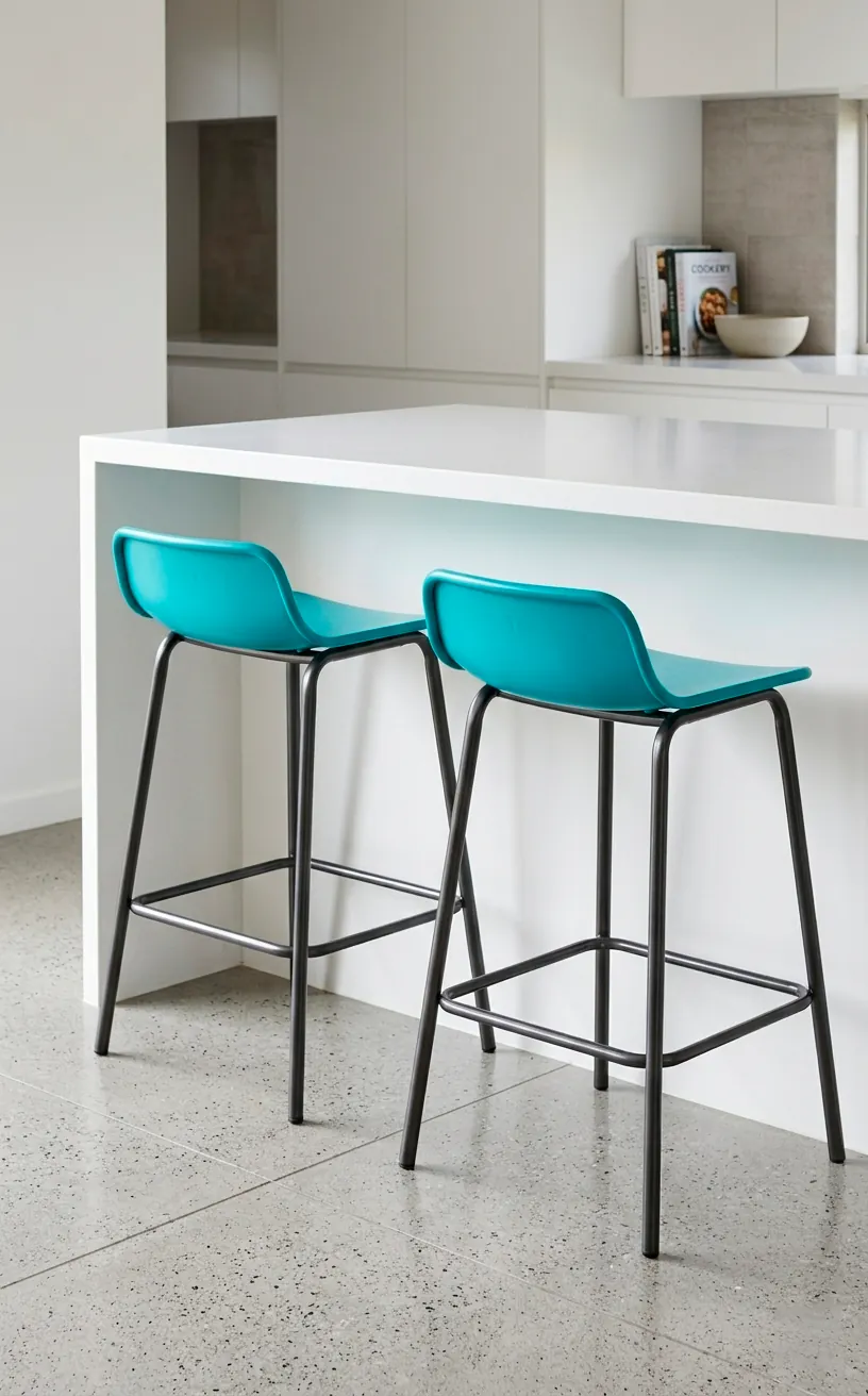 Turquoise bar stools at a white kitchen island.