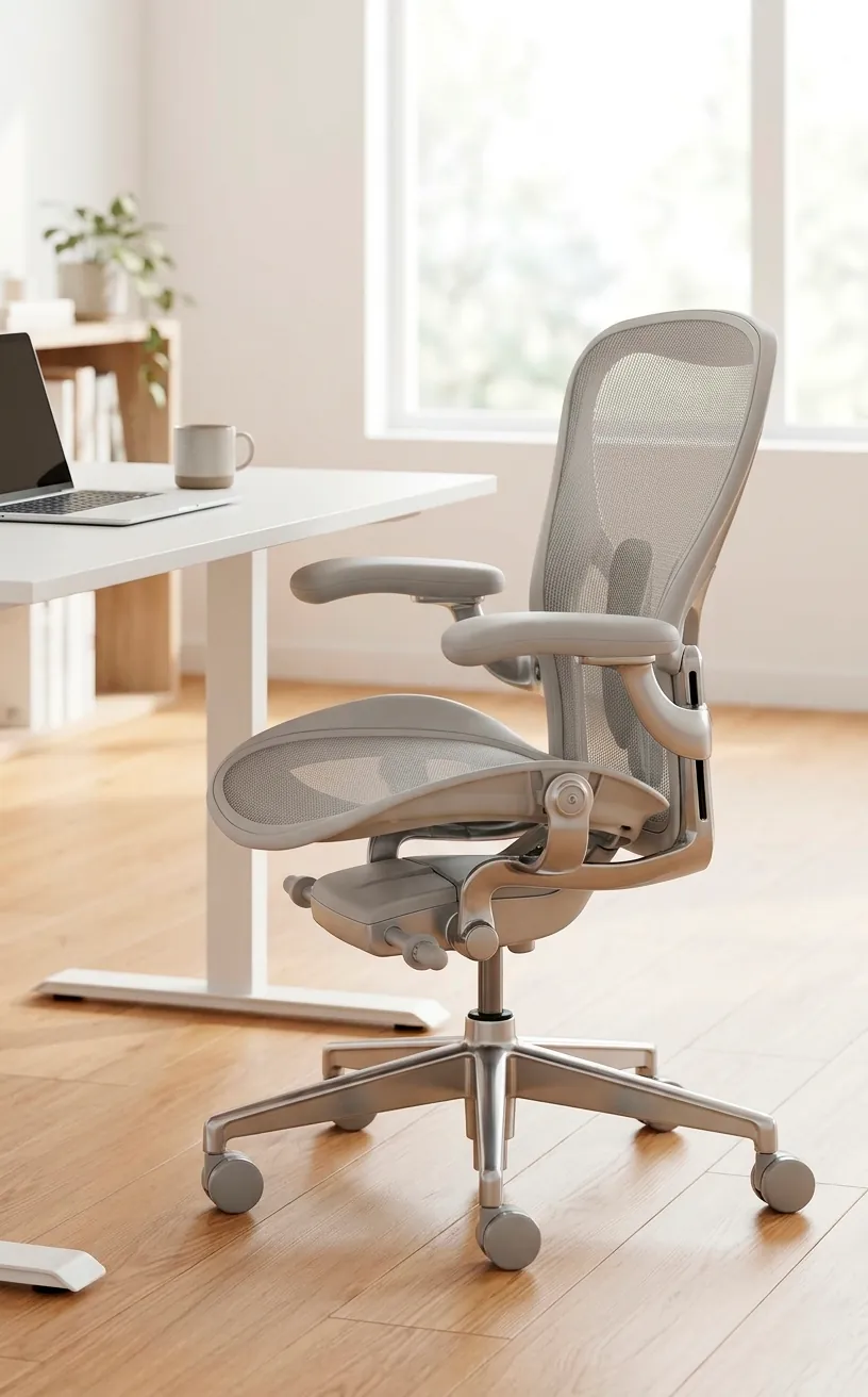 Light grey mesh ergonomic office chair in a bright, modern summer workspace.