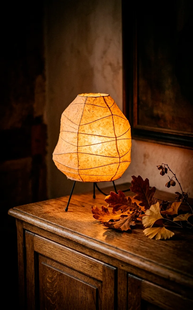 Small washi paper table lamp with a warm glow on a wooden sideboard.