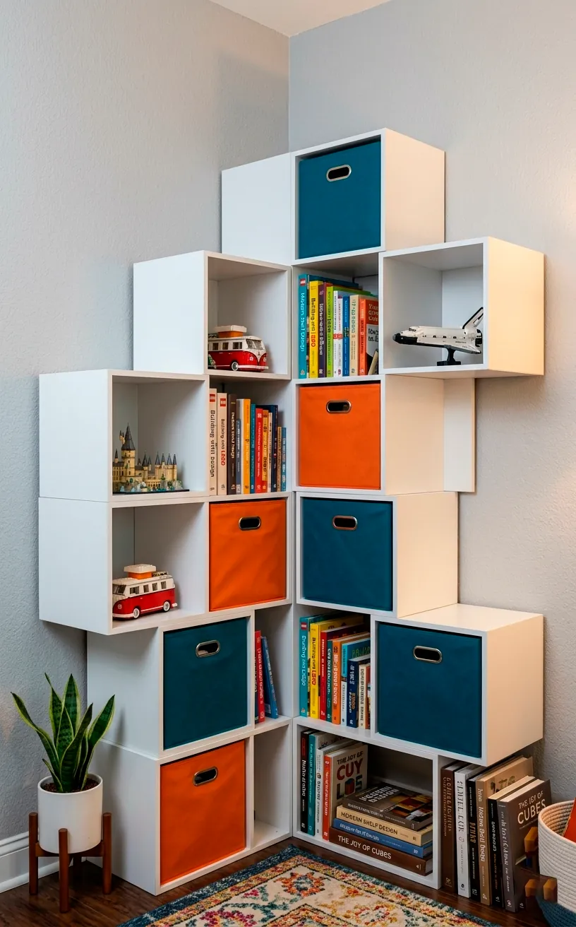 White modular cube shelving with colorful storage bins in a kids room.