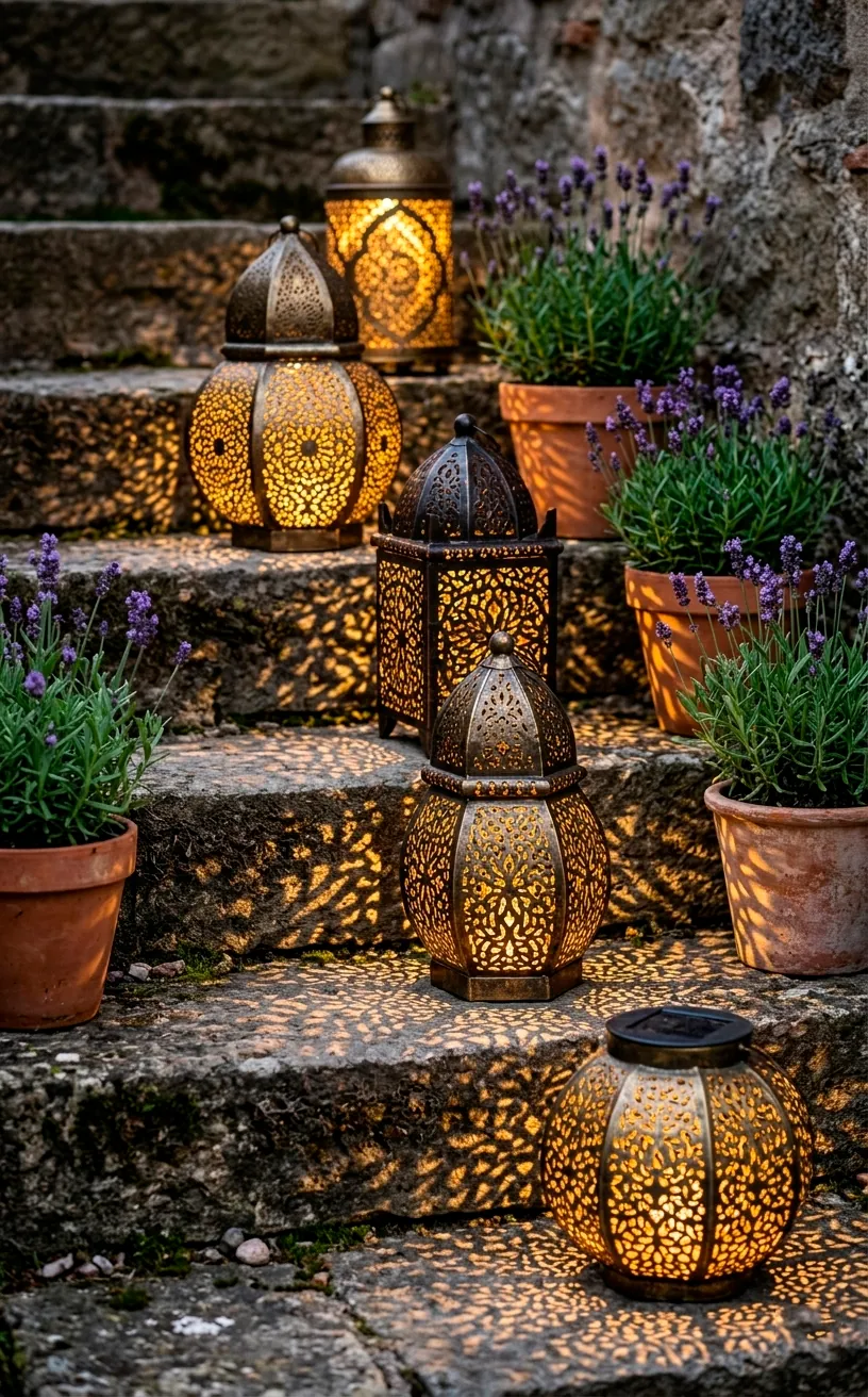 Decorative solar lanterns casting patterned shadows on stone patio stairs.