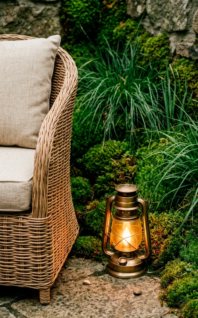Cozy rattan chair in a hidden garden corner with a warm lantern glow.
