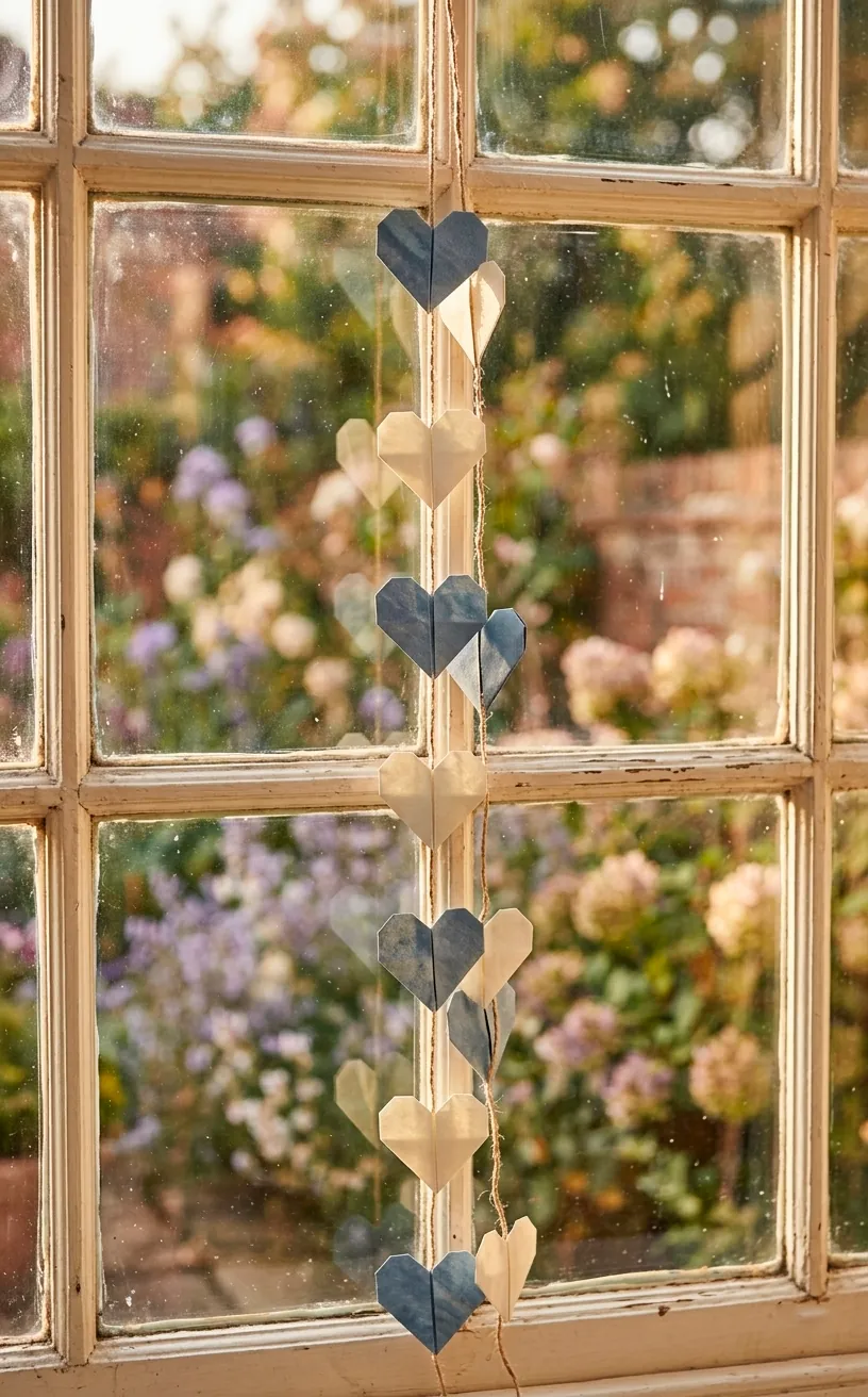 Handmade origami hearts hanging in a window against a soft, natural background.