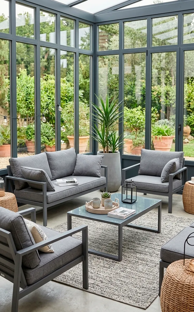 UV-resistant grey aluminum outdoor furniture in a sun-drenched modern room.