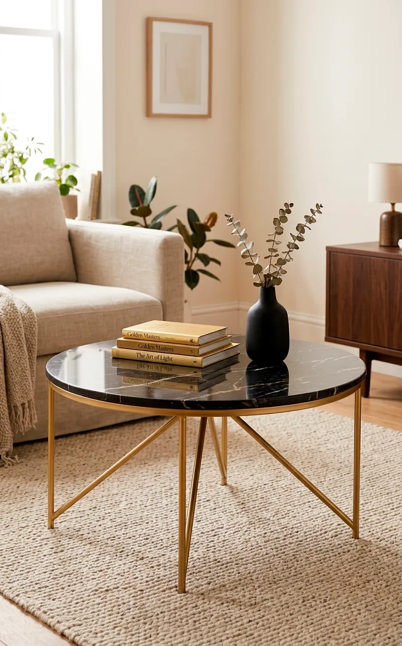 Round black marble coffee table with gold tripod legs in a bright but moody living room.