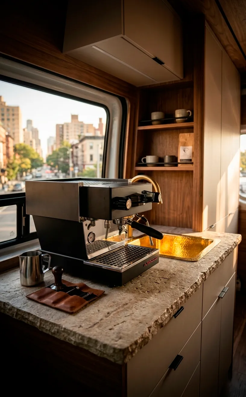 Espresso machine and gold faucet on a quartz counter in a Sprinter van.