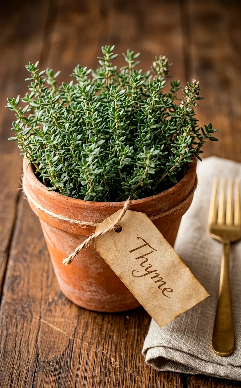 Close up of a potted thyme plant with a handwritten tag on a garden table.