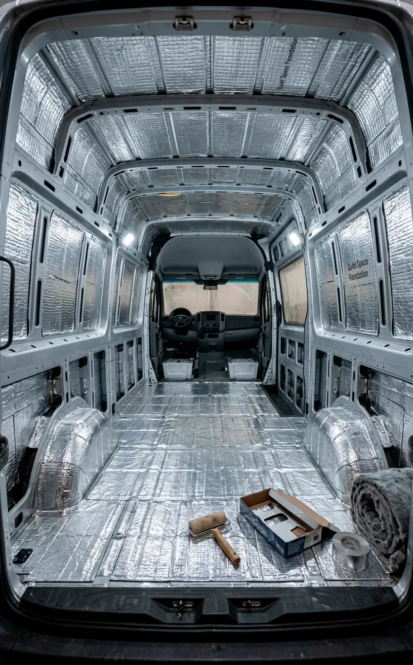 Sound deadening material applied to the metal walls of a van.