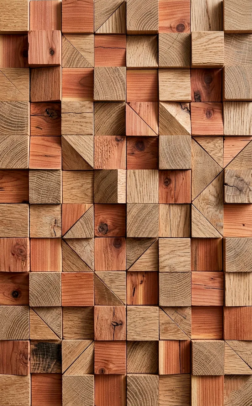 Detail shot of a geometric wood mosaic showing natural grain and textures of reclaimed timber.