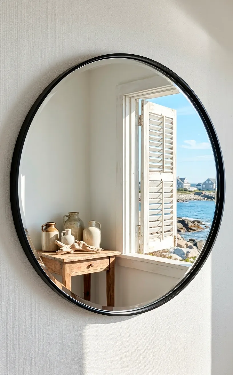 Large round mirror reflecting a bright coastal blue living space.