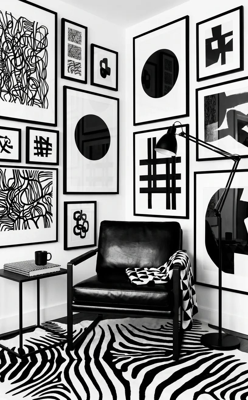 High-contrast reading nook with zebra print rug and black leather chair.