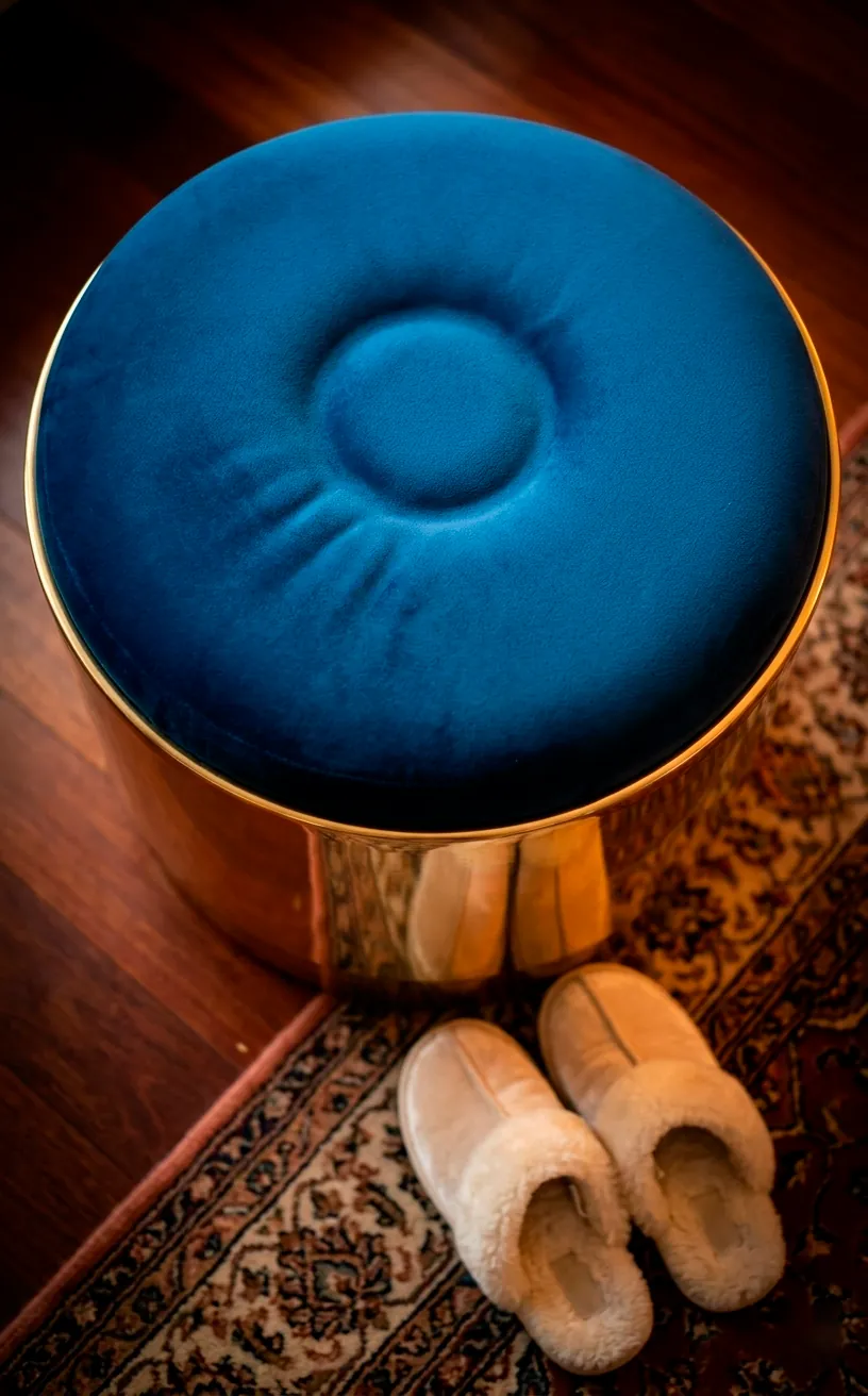 Top view of a velvet ottoman with a gold metal base on a jute rug.